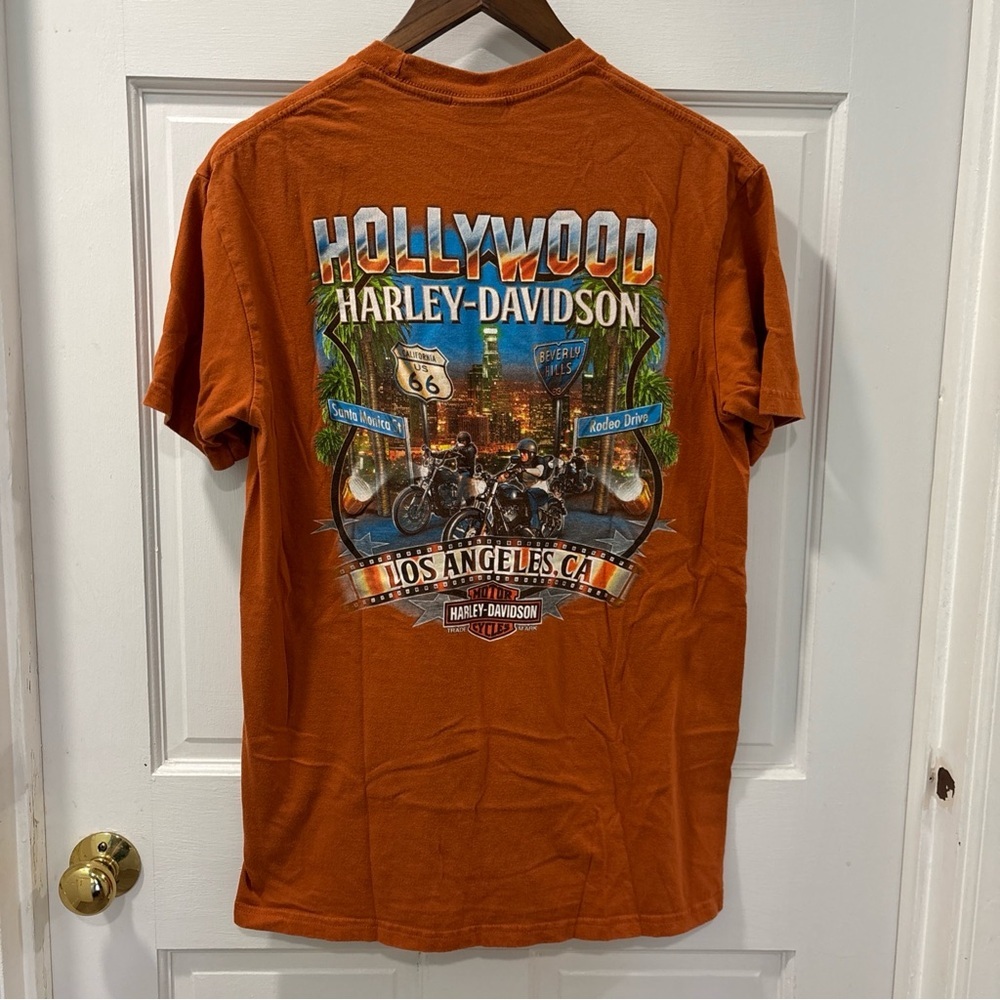 Harley Davidson Men’s Short Sleeve T-Shirt Hollywood Los Angeles CA Orange Sz M